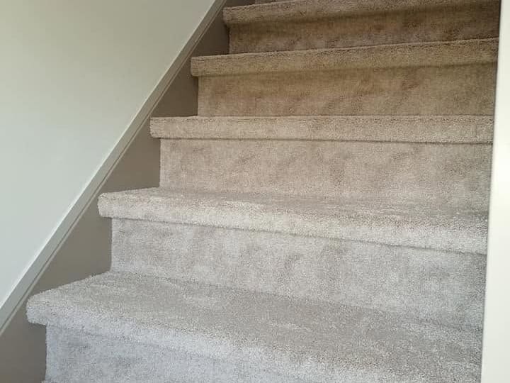 Escalier droit habillé de moquette, marches et contremarches recouvertes jusqu'aux limons